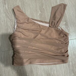 Beige Ruched Asymmetrical Neck Crop Top
